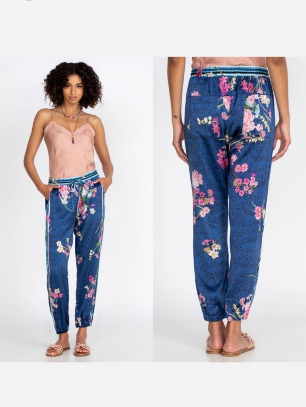 Johnny Was Silk  Blue Floral Track Joggers Size xs